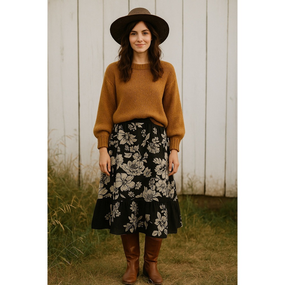 Nicole Miller‎ 10 Black Ivory Floral Sequin Midi Skirt Boho Coastal Cowgirl Glam